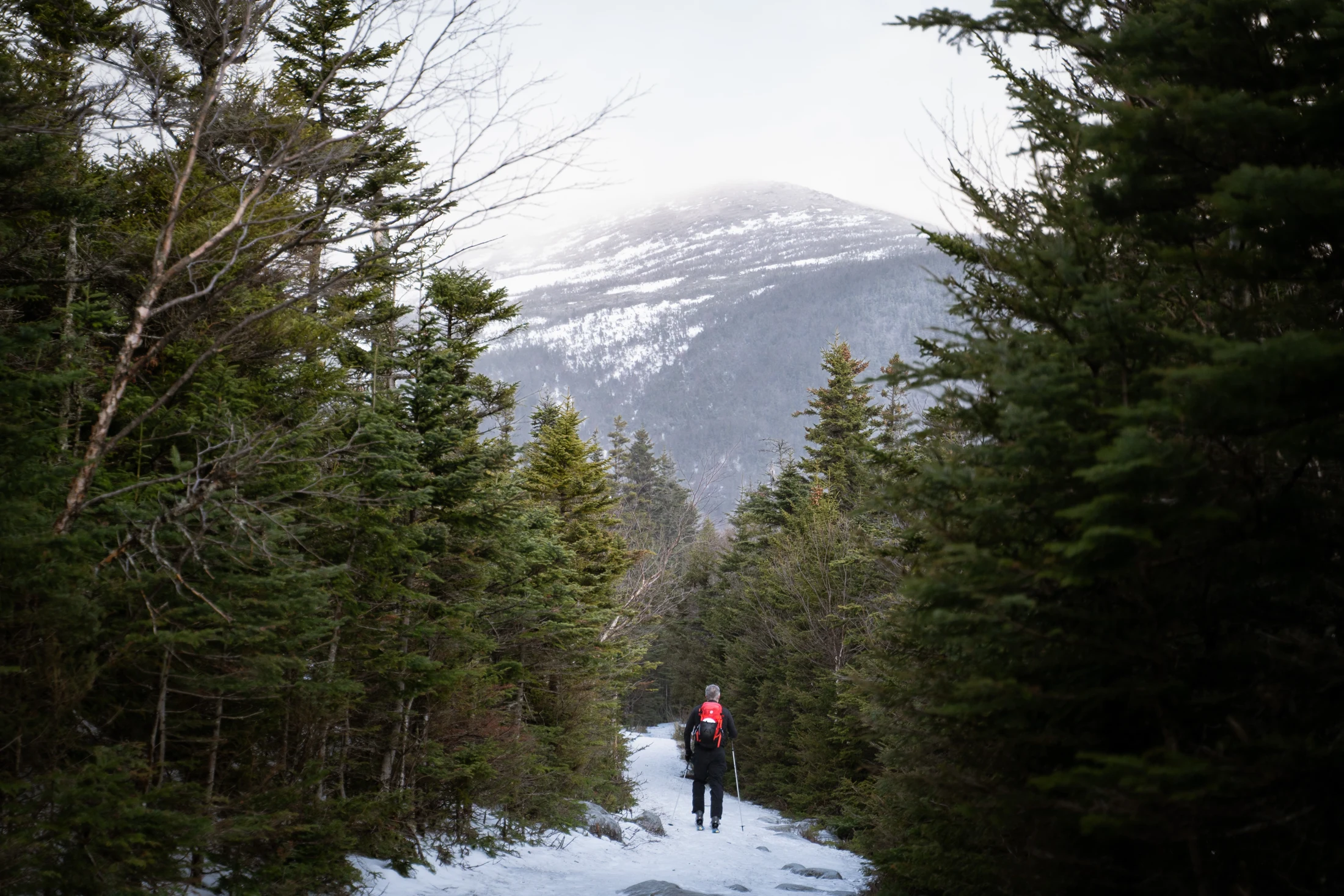 Ken Lubin skinning up Mount Washington to race the Tuckerman Inferno